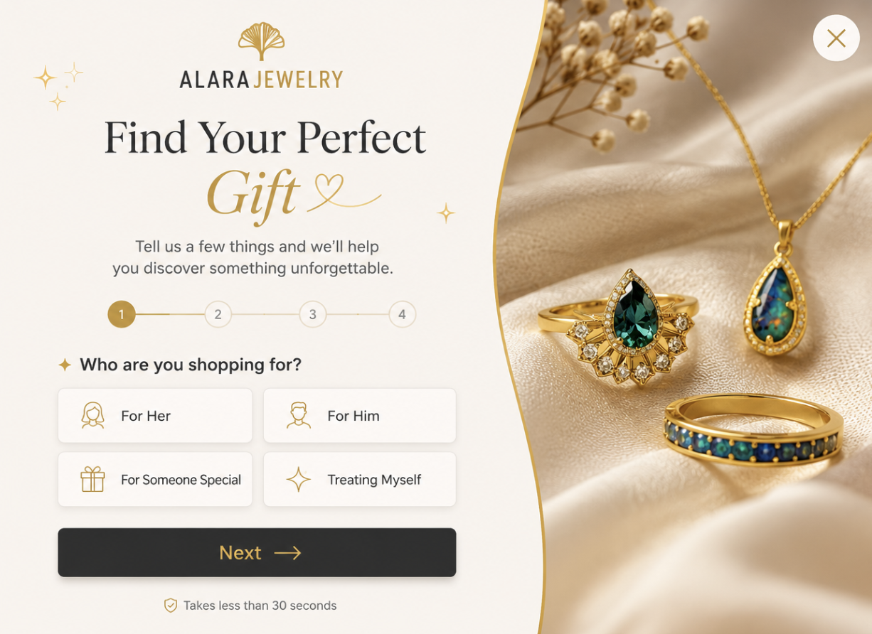 Alara Jewelry Pathmonk microexperience showing personalized designer recommendations and gift-finder survey