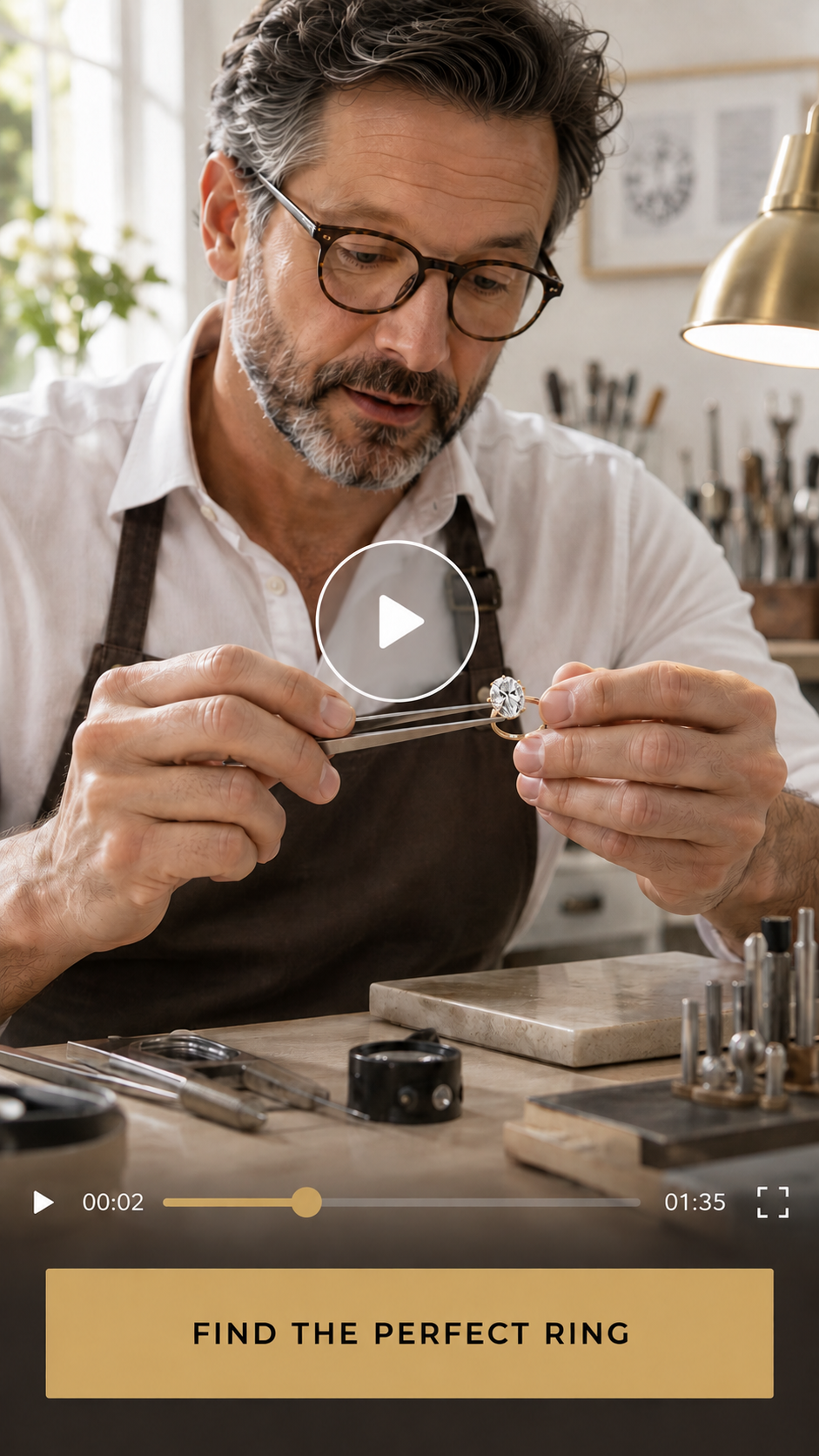 Microexperience: a vertical video of a jeweller setting a stone in the atelier