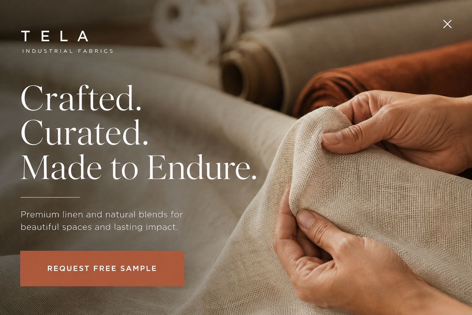 Microexperience: a brand showcase card introducing the fabric range and offering a free sample