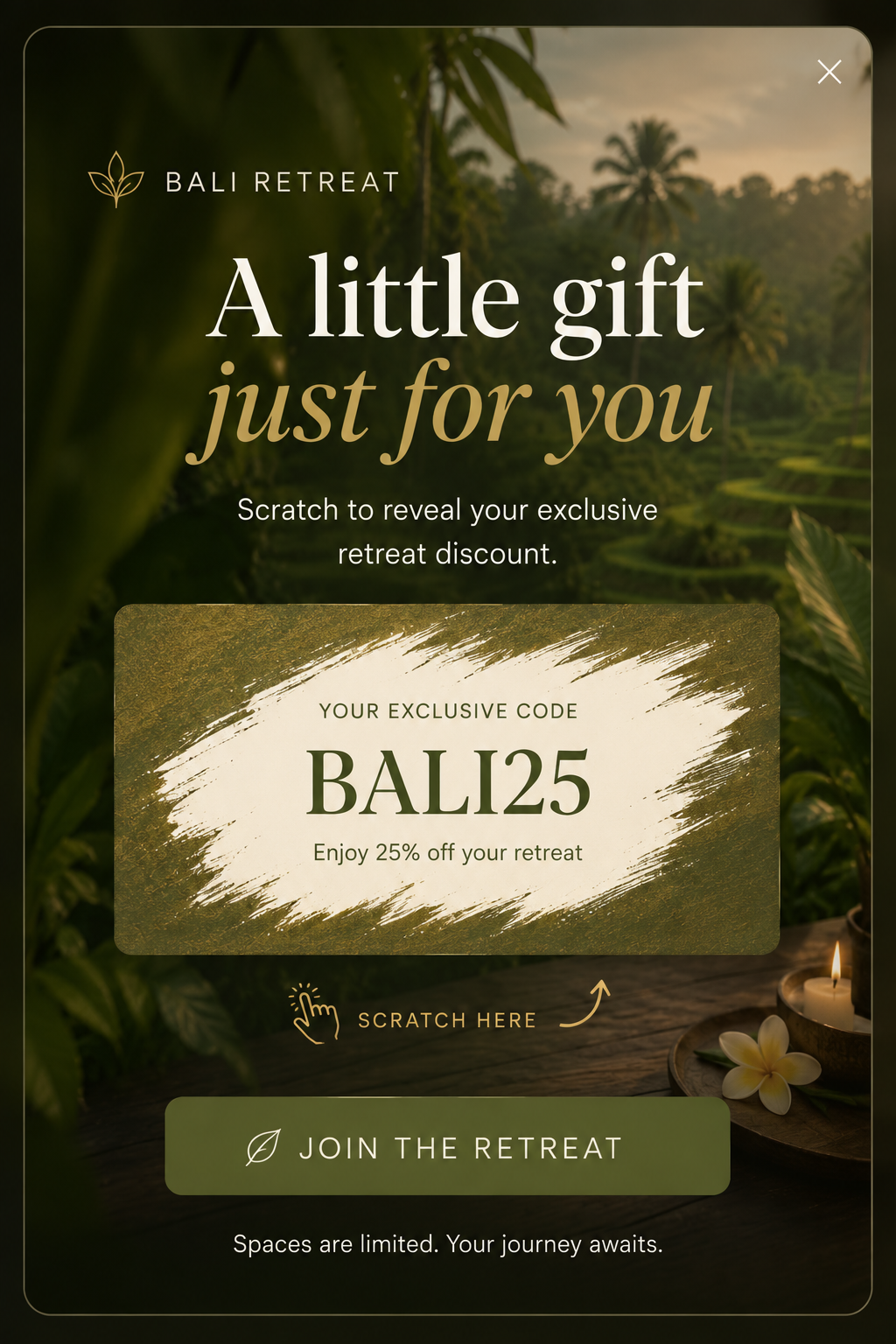 Microexperience: a scratch-to-reveal card with an exclusive retreat discount code