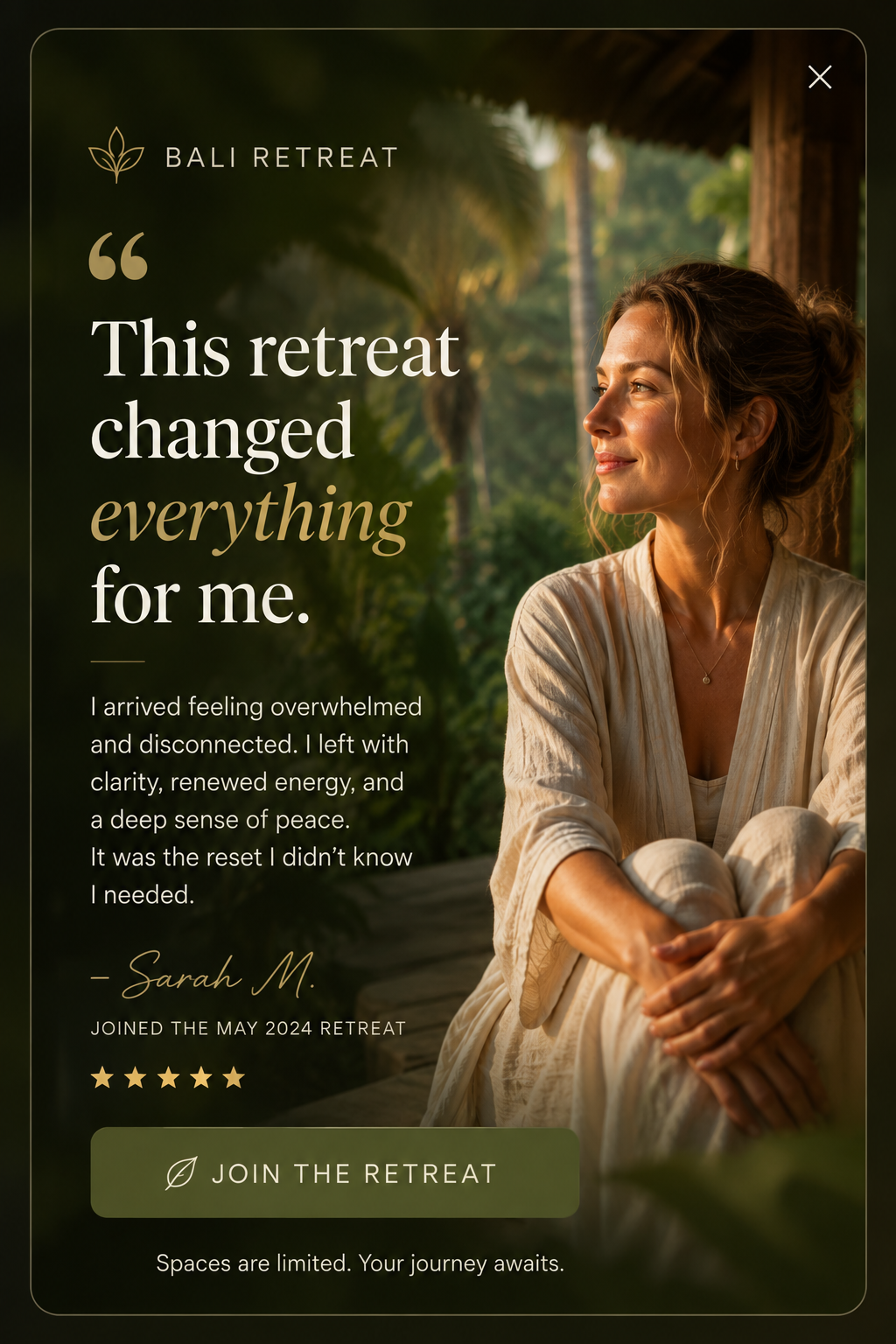 Microexperience: a five-star testimonial card from a past retreat guest