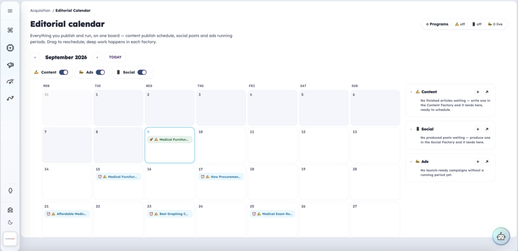 Pathmonk editorial calendar with scheduled articles