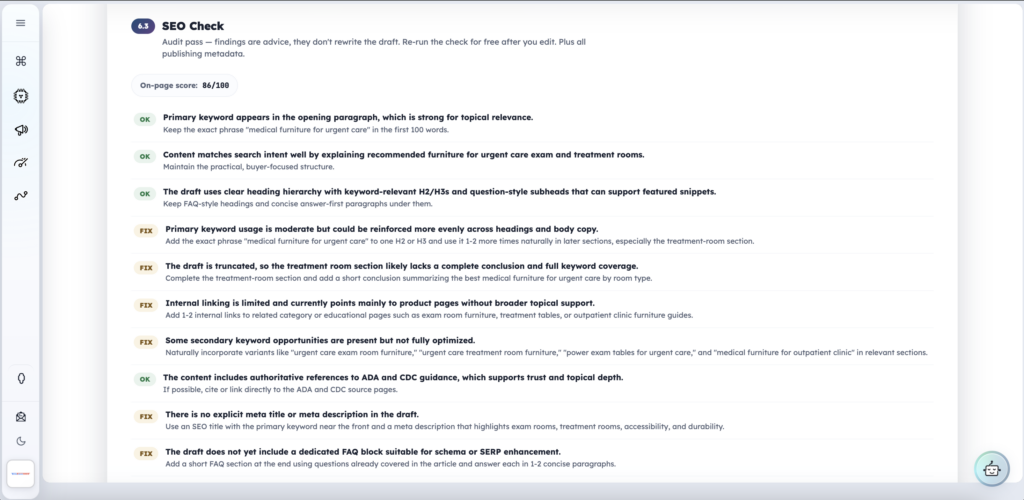 Pathmonk on-page SEO check with a score and a list of findings