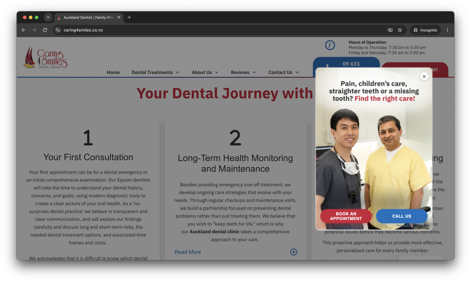 A microexperience on the Caring 4 Smiles website helping visitors find the right care, with buttons to book an appointment or call