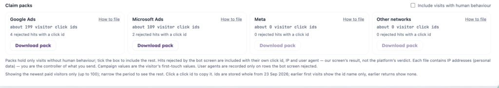 Claim packs: the evidence file, per ad platform